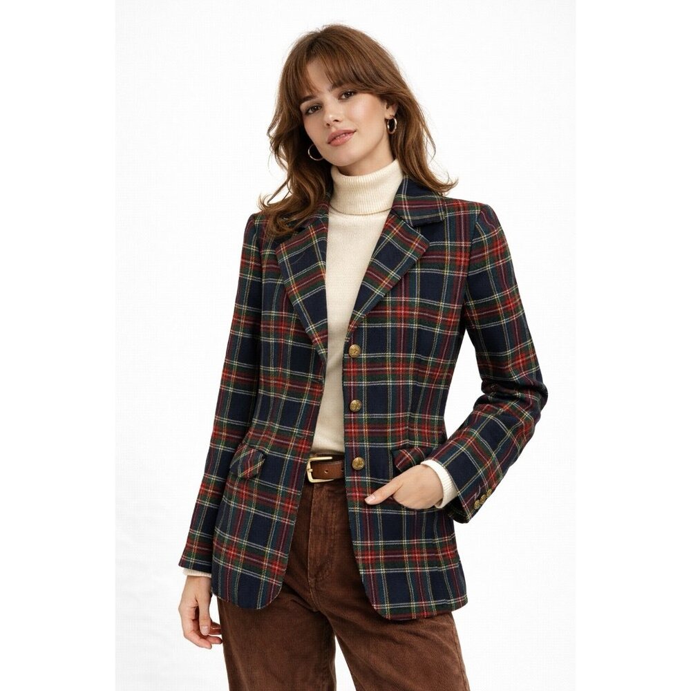 Tailored Navy Plaid Blazer with Gold Buttons